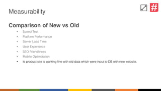 Measurability
Comparison of New vs Old
• Speed Test
• Platform Performance
• Server Load Time
• User Experience
• SEO Friendliness
• Mobile Optimization
• Is product site is working fine with old data which were input to DB with new website.
 
