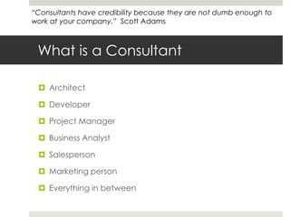 What is a Consultant<br />Architect<br />Developer<br />Project Manager<br />Business Analyst<br />Salesperson<br />Market...