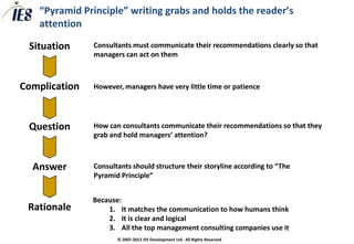 “Pyramid Principle” writing grabs and holds the reader’s
   attention

 Situation     Consultants must communicate their recommendations clearly so that
               managers can act on them



Complication   However, managers have very little time or patience




 Question      How can consultants communicate their recommendations so that they
               grab and hold managers’ attention?



  Answer       Consultants should structure their storyline according to “The
               Pyramid Principle”


               Because:
 Rationale         1. It matches the communication to how humans think
                   2. It is clear and logical
                   3. All the top management consulting companies use it
                      © 2007-2012 IES Development Ltd. All Rights Reserved
 