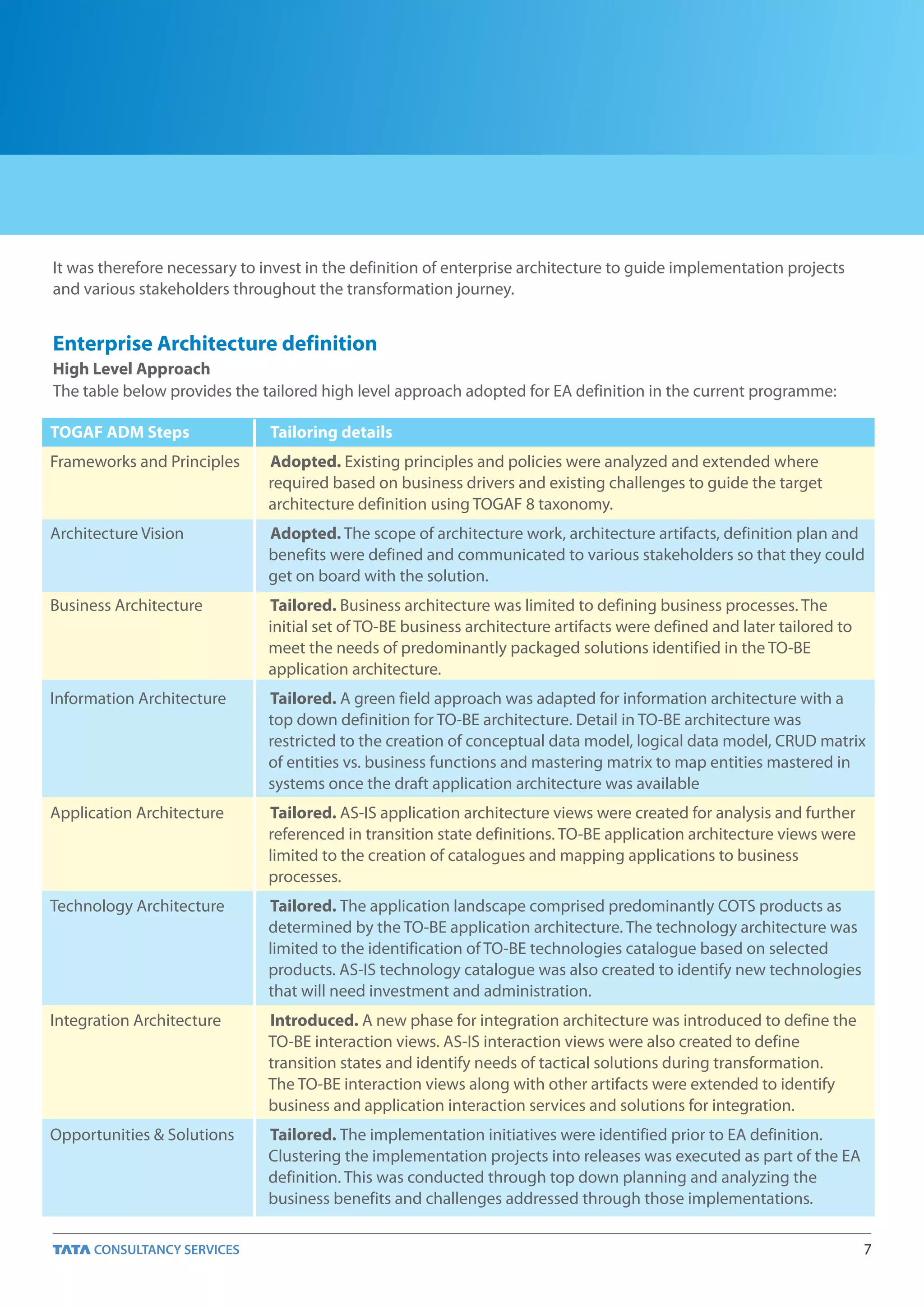 It was therefore necessary to invest in the definition of enterprise architecture to guide implementation projects
and various stakeholders throughout the transformation journey.


Enterprise Architecture definition
High Level Approach
The table below provides the tailored high level approach adopted for EA definition in the current programme:

TOGAF ADM Steps                Tailoring details
Frameworks and Principles      Adopted. Existing principles and policies were analyzed and extended where
                               required based on business drivers and existing challenges to guide the target
                               architecture definition using TOGAF 8 taxonomy.
Architecture Vision            Adopted. The scope of architecture work, architecture artifacts, definition plan and
                               benefits were defined and communicated to various stakeholders so that they could
                               get on board with the solution.
Business Architecture          Tailored. Business architecture was limited to defining business processes. The
                               initial set of TO-BE business architecture artifacts were defined and later tailored to
                               meet the needs of predominantly packaged solutions identified in the TO-BE
                               application architecture.
Information Architecture       Tailored. A green field approach was adapted for information architecture with a
                               top down definition for TO-BE architecture. Detail in TO-BE architecture was
                               restricted to the creation of conceptual data model, logical data model, CRUD matrix
                               of entities vs. business functions and mastering matrix to map entities mastered in
                               systems once the draft application architecture was available
Application Architecture       Tailored. AS-IS application architecture views were created for analysis and further
                               referenced in transition state definitions. TO-BE application architecture views were
                               limited to the creation of catalogues and mapping applications to business
                               processes.
Technology Architecture        Tailored. The application landscape comprised predominantly COTS products as
                               determined by the TO-BE application architecture. The technology architecture was
                               limited to the identification of TO-BE technologies catalogue based on selected
                               products. AS-IS technology catalogue was also created to identify new technologies
                               that will need investment and administration.
Integration Architecture       Introduced. A new phase for integration architecture was introduced to define the
                               TO-BE interaction views. AS-IS interaction views were also created to define
                               transition states and identify needs of tactical solutions during transformation.
                               The TO-BE interaction views along with other artifacts were extended to identify
                               business and application interaction services and solutions for integration.
Opportunities & Solutions      Tailored. The implementation initiatives were identified prior to EA definition.
                               Clustering the implementation projects into releases was executed as part of the EA
                               definition. This was conducted through top down planning and analyzing the
                               business benefits and challenges addressed through those implementations.

                                                                                                                         7
 