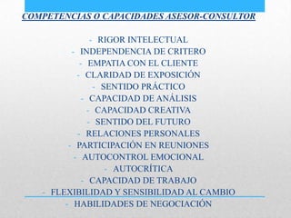 COMPETENCIAS O CAPACIDADES ASESOR-CONSULTOR
- RIGOR INTELECTUAL
- INDEPENDENCIA DE CRITERO
- EMPATIA CON EL CLIENTE
- CLARIDAD DE EXPOSICIÓN
- SENTIDO PRÁCTICO
- CAPACIDAD DE ANÁLISIS
- CAPACIDAD CREATIVA
- SENTIDO DEL FUTURO
- RELACIONES PERSONALES
- PARTICIPACIÓN EN REUNIONES
- AUTOCONTROL EMOCIONAL
- AUTOCRÍTICA
- CAPACIDAD DE TRABAJO
- FLEXIBILIDAD Y SENSIBILIDAD AL CAMBIO
- HABILIDADES DE NEGOCIACIÓN
 