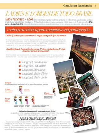Circulo de Excelência 13


  LADIES E LORDESDETODO BRASIL
 São Francisco - USA                             Colinas cobertas por simpáticas residências construídas em estilo vitoriano, ruas arborizadas, bondinhos
 circulando pelas ruas, um cenário encantador. Em 2013, as 5 Ladies(Lordes) com maior produtividade de módulos pagos em até 30 dias, no período de 01 de
 março a 30 de junho de 2013, conquistarão dias de aprendizado, troca de experiências e convivência com as maiores Ladies(Lordes) de todo o mundo Jafra.


     conheça os critérios para conquistar sua participação
 Ladies (Lordes) que concorrem às vagas para participar do evento:
  Os módulos que contam para a somatória da produtividade desta promoção, são os pagos em até 30 dias
  dentro do período promocional. Serão considerados os do grupo pessoal de Consultoras(es) da Lady(Lord)
  e também seus grupos diretos qualificados de 2º nível. Para determinar as ganhadoras(es), obedeceremos
  a ordem de 1º, 2º, 3º e 4º lugar de máxima produtividade no período.

   Qualificações de Grupos Diretos para o 2º nível e indiretos de 3º nível
                     durante o período promocional:
  Também contarão para a produtividade de módulos pagos, os pagamentos de grupos qualificados e
  desprendidos pela Lady(Lord) ou por suas(seus) Líderes diretas(os) durante o período promocional.


                                       Lady(Lord) Grand Master
                                       Lady(Lord) Plus Master
                                       Lady(Lord) Star Master
                                       Lady(Lord) Master Sênior
                                       Lady(Lord) Master Junior
Exemplo:
de módulos que contam para Ladies(Lords) em caso de desprendimento de grupos:



1º nível:                                  Lady (Lord)
Grupo pessoal de                           Master Junior
Consultoras(es)
                                                                                           3ºnível:
                                                                                           Líderes Indiretas(os)
                                                                                           Nova(o) Executiva(o) de Vendas
                                                                                           Indireta(o) da Lady(Lord). Grupo
2ºnível:                                                                                   desprendido durante a promoção
Líderes
Diretas(os)

                   Executiva(o) Executiva(o)   Executiva(o)   Nova Executiva(o) de Vendas Direta. Grupo
                   de Vendas de Vendas A       de Vendas      desprendido durante a promoção



                             Relocalizações de categoria por perda de grupos diretos:
              A(o) Lady(Lord) que se relocalizar de categoria durante o período promocional por motivo de perda
                          de grupos diretos será desclassificada e perderá o direito de ir ao evento.

                                Após a classificação, atenção!
A Jafra comunicará às(os) ganhadoras(es) entre 10 a 15 de julho de 2013 por meio das Regionais de Vendas. Após o comunicado,
a(o)Lady(Lord) terá o prazo de até 7 dias para enviar à Jafra cópia do seu passaporte 6 meses antes da data de vencimento. Caso
necessário, a Jafra fornecerá carta para providências de documentos. Todas as despesas para providenciar os documentos para a
viagem são de responsabilidade da(o) Lady(Lord). A(o) Lady(Lord) que não apresentar os documentos no prazo determinado será
desclassificada e perderá o direito de ir ao evento.
 