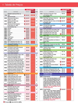 16 Tabela de Preços

                                                         PREÇO CONSULTORA                                                                                  PREÇO CONSULTORA

 CÓDIGO                 DESCRIÇÃO                        REGULAR    PROMOÇÃO    LETRA   CÓDIGO                     DESCRIÇÃO                              REGULAR     PROMOÇÃO    LETRA

          Delineador Líquido para Olhos, 4g                                      “A”    87489 Royal Almond Creme para o Corpo                    R$ 44.50                          “A”
  77089   Black                                      P   R$ 21.00    R$ 18.50    “A”          com Amêndoas, 250ml
          Máscara para Cílios	                                                                ROYAL GINGER
  94029   Máscara para Cílios Máximo                 P   R$ 27.50    R$ 24.50    “A”    87499 Royal Ginger Loção para o Corpo com              P R$ 32.50             R$ 27.50     “A”
          Impacto, 12 g - Black                                                               Extrato de Gengibre, 250ml
  94033   Máscara para Cílios de Alta                P   R$ 27.50    R$ 24.50    “A”    80372 Royal Ginger Óleo para o Corpo com Extrato P R$ 32.50                   R$ 27.50     “A”
          Definição, 9 g - Black                                                              de Gengibre, 250ml
  94034   Máscara para Cílios Alongadora             P   R$ 27.50    R$ 24.50    “A”          LINHA INTIMATE
          e Extra Volume, 9 g - Black                                                   82810 Gel Líquido para Higiene Íntima                    R$ 27.50                          “A”
          Trio de Sombras, 4,2g                                                               sem Fragrância, 250ml	
  86078   Elements                                   P   R$ 38.50    R$ 34.50    “A”          DEFINE YOUR BODY
  86082   Bazaar                                         R$ 38.50                “A”    80406 Gel Corporal Intensivo para Celulite, 150ml        R$ 67.50                          “A”
  86083   Drama                                      P   R$ 38.50    R$ 34.50    “A”    80409 Creme Reafirmante para o Corpo, 200ml              R$ 67.50                          “A”
  86084   Cappuccino                                     R$ 38.50                “A”    80433 Gel Reafirmante para o Busto, 50ml                 R$ 67.50                          “A”
  86085   Splendid                                       R$ 38.50                “A”    82831 Gel Modelador para o Corpo, 200ml                P R$ 67.50             R$ 50.00     “A”
  86086   Dream                                          R$ 38.50                “A”          FAMILY CARE
  86087   Purple Passion                                 R$ 38.50                “A”    89960 Loção Umectante Corporal com Extrato de            R$ 28.50                          “A”
  86088   Blue Jewels                                P   R$ 38.50    R$ 34.50    “A”          Cactus, 250ml
          UNHAS	                                                                        89971 Gel Umectante para Banho com Extrato de            R$ 28.50                          “A”
  84414   Base Fortalecedora para Unhas, 12ml            R$ 23.00                “A”          Cactus, 250ml
  84423   Óleo de Tratamento para Unhas, 12ml            R$ 23.00                “A”          SPA
          TRATAMENTO CORPORAL                                                           81312 Máscara Facial e Corporal com Lama, 250g           R$ 56.50                          “A”
          LINHA EXTRATO DE OURO                                                  “A”          CUIDADO PARA OS PÉS
  89573   Gel Esfoliante Corporal Ultra-Hidratante       R$ 44.50                “A”    87796 Peppermint Spray com Menta                       P R$ 22.50             R$ 19.50     “A”
          com Extrato de Ouro, 200ml                                                          para os Pés, 125ml
  88723   Creme Corporal Ultra-Nutritivo                 R$ 94.50                “A”          COCO E ABACATE
          com Extrato de Ouro, 200ml                                                    80740 Esfoliante para as Mãos com Extrato                R$ 17.00                          “A”
          LINHA TENDER MOMENTS                                                                de Coco e Abacate, 75ml
  48014   Tender Moments Beeutiful Colônia, 100ml        R$ 29.50                “A”    80750 Creme para as Mãos com Extrato                     R$ 17.00                          “A”
  81172   Tender Moments Beeutiful Loção                 R$ 39.50                “A”          de Coco e Abacate, 75ml
          Corporal com Geleia Real, 125ml                                                     HAND THERAPY, 75ml
  81174   Tender Moments Beeutiful Shampoo para          R$ 31.00                “A”    82480 Hand Theraphy Creme Diurno para                    R$ 28.50                          “A”
          Rosto e Corpo com Geleia Real, 250ml                                                as Mãos com FPS 15, 75ml
  83200   Tender Moments Creme Sólido para Bebê          R$ 42.50                “A”    82490 Hand Theraphy Creme Noturno                      P R$ 28.50             R$ 25.00     “A”
          com Frag. de Lavanda e Camomila, 250ml                                              para as Mãos, 75ml
  83210   Tender Moments Shampoo para Bebê com           R$ 33.50                “A”    82500 Hand Theraphy Scrub Creme Esfoliante             P R$ 28.50             R$ 25.00     “A”
          Fragrância de Lavanda e Camomila, 250ml                                             para as Mãos, 75ml
  83220   Tender Moments Colônia para Bebê com           R$ 43.50                “A”          DESODORANTE ANTITRANSPIRANTE ROLL-ON
          Essência de Lavanda e Camomila, 100ml                                         00361 Daily Desod. Antitranspirante Roll-On, 60g         R$ 10.50                          “A”
  83230   Tender Moments Óleo para Bebê com              R$ 37.50                “A”    80023 Ozonic Mist Desod. Antitranspirante Roll-On, 60g   R$ 10.50                          “A”
          Essência de Lavanda e Camomila, 250ml                                         80024 Floral Desod. Antitranspirante Roll-On, 60g        R$ 10.50                          “A”
          LINHA SOLAR                                                                         AUXILIARES DE VENDA	
  94112   Protetor Labial FPS 15, 4g                 A   R$ 21.00                “A”          KIT DE BELEZA JAFRA
  89931   Protetor Solar Spray FPS 35, 125ml             R$ 32.50                “A”    42078 Kit para Pele Seca                                        P R$ 378.50   R$ 284.00   “B”
  78177   Creme Bloqueador FPS 30, 125 ml                R$ 36.50                “A”             Contém: 1 Creme Facial Ultra-Hidratante com FPS
  80502   Protetor Facial Solar FPS 40, 50ml             R$ 24.50                “A”             15, 50ml; 1 Creme Facial Hidratante Noturno, 50ml;
  83470   Creme Bloqueador Solar para Rosto                                                      1 Loção Facial Refrescante Hidratante, 200ml; 1
                                                         R$ 34.50                “A”
                                                                                                 Creme Facial de Limpeza Hidratante, 125ml; 1 Mal-
          e Corpo FPS 50, 125ml                                                                  ibu Máscara Facial de Limpeza, 50ml; 1 Rediscover
  88177   Loção Umectante Pós Sol, 250 ml                R$ 45.00                “A”             Complexo Alpha-Hidroxy, 30ml; 1 Trio de Sombras
          ROYAL ROSE                                                                             Bazaar, 4,2g; 1 Batom de Cobertura Total Pure
  87532                                                  R$ 32.50                “A”             Copper, 4g. Ganhe: 1 Royal Jelly Bálsamo Facial de
          Royal Rose Loção para o Corpo
                                                                                                 Tecnologia Avançada, 30ml.
          com Extrato de Rosa, 250ml
  85752   Royal Rose Óleo para o Corpo                   R$ 32.50                “A”    42079 Kit para Pele Mista                                     P R$ 378.50     R$ 284.00   “B”
          com Extrato de Rosa, 250ml                                                             Contém: 1 Loção Facial Hidratante Equilibrante
                                                                                                 Diurna com FPS 15, 50ml; 1 Loção Facial Equili-
          ROYAL ALMOND                                                                           brante, 200ml; 1 Gel Facial de Limpeza Equilibrante,
  87570   Royal Almond Creme Esfoliante para             R$ 32.50                “A”             125ml; 1 Creme Facial Equilibrante Noturno, 50ml;
          o Corpo com Amêndoas, 200 ml                                                           1 Malibu Máscara Facial de Limpeza, 50ml; 1 Re-
  87487   Royal Almond Loção para o Corpo                R$ 32.50                “A”             discover Complexo Alpha-Hidroxy, 30ml; 1 Trio de
          com Amêndoas, 250 ml                                                                   Sombras Bazaar, 4,2g; 1 Batom de Cobertura Total
  87488   Royal Almond Óleo para o Corpo                 R$ 32.50                “A”             Pure Copper, 4g. Ganhe: 1 Royal Jelly Bálsamo Fa-
          com Amêndoas, 250 ml                                                                   cial de Tecnologia Avançada, 30ml.

 P Promoção A VENDA APARTIR DE ABRIL
 
