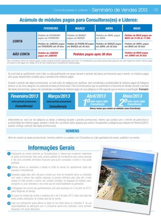 Consultoras(es) e Líderes                    - Seminário de Vendas 2013                                                          09

                Acúmulo de módulos pagos para Consultoras(es) e Líderes:
                                              FEVEREIRO                               MARÇO                                  ABRIL                              MAIO

                                       Pedidos de FEVEREIRO                 Pedidos de MARÇO                     Pedidos de ABRIL pagos              Pedidos de MAIO pagos em
                                       pagos em FEVEREIRO                   pagos em MARÇO                       em ABRIL                            MAIO até 31/05 às 17:30h.
       CONTA
                                       Pedidos de JANEIRO pagos             Pedidos de FEVEREIRO pagos Pedidos de MARÇO pagos                        Pedidos de ABRIL pagos
                                       em FEVEREIRO até 30 dias             em MARÇO até 30 dias       em ABRIL até 30 dias                          em MAIO até 30 dias

                                       Pedidos de JANEIRO                                                                                             Pedidos de MAIO pagos
       NÃO CONTA                       pagos em JANEIRO
                                                                                    Pedidos pagos após 30 dias                                        em JUNHO até 30 dias

Para a somatória mínima de módulos pagos, contam somente produtos classificados como letra “A” considerando que a fatura deverá estar paga em seu valor integral de compra. Faturas pagas
em atraso ou não pagas com código 30 ou 60, não contarão para a somatória de módulos pagos.

                                                      Qualificações e Promoções de Grupos
 Se você está se qualificando como Líder ou está qualificando um grupo durante o período das bases promocionais para o evento, os módulos pagos
 pelo grupo desprendido contarão para a somatória de módulos pagos.

 Durante o período das bases promocionais, se você subiu de categoria por qualificar, será considerada a produtividade de módulos pagos da Categoria
 anterior ou da nova categoria, se cumprida as bases promocionais. Para Consultoras(es) que se qualificarem à Executiva de Vendas durante o período
 das bases promocionais, passa a ser considerado a somatória de módulos pagos da nova categoria no mês seguinte que se encerrou a qualificação. Exemplo:

      Fevereiro/2013                               Março/2013                                        Abril/2013                                    Maio/2013
      início período promocional

          Consultora(o)
                                                  início período promocional

                                                     Consultora(o)                             1º         mês como Líder
                                                                                                          Executiva(o)                       2º          mês como Líder
                                                                                                                                                         Executiva(o)
                                                                                                         Únicos meses que contam os módulos como Executiva(o)

                                                                Relocalizações de categoria
 Infelizmente se, você cair de categoria ou deixar a liderança durante o período promocional, mesmo que cumpra com o mínimo de patrocínios e
 produtividade de módulos pagos, perderá o direto de ir ao evento Salvo aquelas que caírem e recuperarem a categoria que estavam em fevereiro/2013,
 quando começa o período das bases promocionais.

                                                                          HOMENS
                                                                             Homens
 Além de cumprir as bases promocionais, homens solteiros ou casados com Consultora ou Líder ganhadora do evento, poderão ir ao evento.



                          Informações Gerais
 1    Participarão do evento somente as Consultoras(es) e Líderes que cumprirem totalmente
      as bases promocionais. Não serão aceitos pedidos de transferência para outras pessoas
      e não será concedido reembolso financeiro para quem conquistar o evento e não puder
      participar.
  2   Bilhetes aéreos ou rodoviários e estada no hotel do evento em apartamento duplo são
      pessoais e intransferíveis.
  3   Despesas pagas pela Jafra: ida para o evento por meio de transporte aéreo ou rodoviário
      com saída e retorno das capitais estaduais ou pontos definidos pela Jafra até o hotel;
      estada no hotel durante o evento com pensão completa. As despesas do traslado casa-
      aeroporto ou casa-rodoviária e vice-versa são de responsabilidade da ganhadora.
  4   A divulgação dos nomes das ganhadoras(es) será após apuração em 2 de julho de 2013,
      pelas Regionais de Vendas.
  5   Os casos de revisão são aceitos e avaliados até o dia 8 de julho 2013. Após esta data não
      serão aceitas solicitações de revisão para ida ao evento.
 6    Caso a(o) participante queira alterar as datas do seu ticket áereo ou rodoviário é de sua
      responsabilidade as alterações com a companhia áerea e/ou rodoviária, como também
      despesas com essas alterações.
 