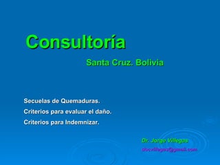 Consultoría Santa Cruz. Bolivia Secuelas de Quemaduras. Criterios para evaluar el daño.  Criterios para Indemnizar. Dr. Jorge Villegas [email_address] 