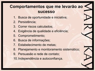 Comportamentos que me levarão ao
           sucesso
 1. Busca de oportunidade e iniciativa;
 2. Persistência;
 3. Correr riscos calculados;
 4. Exigência de qualidade e eficiência;
 5. Comprometimento;
 6. Busca de informações;
 7. Estabelecimento de metas;
 8. Planejamento e monitoramento sistemático;
 9. Persuasão e rede de contato;
 10. Independência e autoconfiança.
 