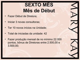 SEXTO MÊS
               Mês de Début
• Fazer Début de Diretora;

• Iniciar 3 novas consultoras;

• Ter 10 novos inícios na Unidade;

• Total de iniciadas da unidade: 42

• Fazer produção mensal de no mínimo 22.000
  pontos, bônus de Diretoras entre 2.500,00 e
  3.500,00;
 