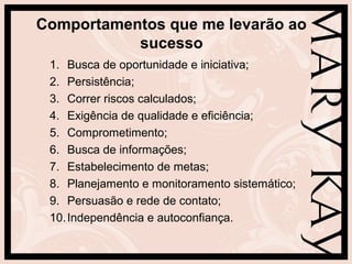 Comportamentos que me levarão ao
           sucesso
 1. Busca de oportunidade e iniciativa;
 2. Persistência;
 3. Correr riscos calculados;
 4. Exigência de qualidade e eficiência;
 5. Comprometimento;
 6. Busca de informações;
 7. Estabelecimento de metas;
 8. Planejamento e monitoramento sistemático;
 9. Persuasão e rede de contato;
 10. Independência e autoconfiança.
 
