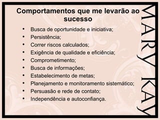 Comportamentos que me levarão ao sucesso Busca de oportunidade e iniciativa; Persistência; Correr riscos calculados; Exigência de qualidade e eficiência; Comprometimento; Busca de informações; Estabelecimento de metas; Planejamento e monitoramento sistemático; Persuasão e rede de contato; Independência e autoconfiança. 