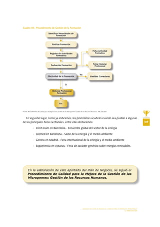 109
MODELO DE PLAN DE NEGOCIO: CONSULTORA DE ENERGÍAS RENOVABLES
LA INNOVACIÓN
Cuadro 45.- Procedimiento de Gestión de la Formación
Fuente: Procedimiento de Calidad para la Mejora de la Gestión de las Micropemes: Gestión de los Recursos Humanos. BIC GALICIA
En segundo lugar, como ya indicamos, los promotores acudirán cuando sea posible a algunas
de las principales ferias sectoriales, entre ellas destacamos:
- EnerForum en Barcelona.- Encuentro global del sector de la energía
- Ecomed en Barcelona.- Salón de la energía y el medio ambiente
- Genera en Madrid.- Feria internacional de la energía y el medio ambiente
- Expoenerxía en Asturias.- Feria de carácter genérico sobre energías renovables.
En la elaboración de este aportado del Plan de Negocio, se siguió el
Procedimiento de Calidad para la Mejora de la Gestión de las
Micropemes: Gestión de los Recursos Humanos.
 