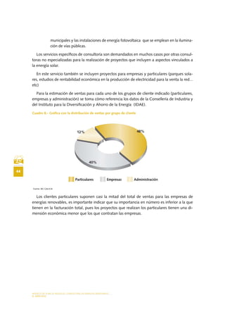 MODELO DE PLAN DE NEGOCIO: CONSULTORA DE ENERGÍAS RENOVABLES
44
EL MERCADO
municipales y las instalaciones de energía fotovoltaica que se emplean en la ilumina-
ción de vías públicas.
Los servicios específicos de consultoría son demandados en muchos casos por otras consul-
toras no especializadas para la realización de proyectos que incluyen a aspectos vinculados a
la energía solar.
En este servicio también se incluyen proyectos para empresas y particulares (parques sola-
res, estudios de rentabilidad económica en la producción de electricidad para la venta la red...
etc)
Para la estimación de ventas para cada uno de los grupos de cliente indicado (particulares,
empresas y administración) se toma cómo referencia los datos de la Consellería de Industria y
del Instituto para la Diversificación y Ahorro de la Energía (IDAE).
Cuadro 8.- Gráfica con la distribución de ventas por grupo de cliente
Fuente: BIC GALICIA
Los clientes particulares suponen casi la mitad del total de ventas para las empresas de
energías renovables, es importante indicar que su importancia en número es inferior a la que
tienen en la facturación total, pues los proyectos que realizan los particulares tienen una di-
mensión económica menor que los que contratan las empresas.
 