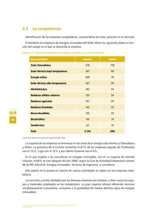 MODELO DE PLAN DE NEGOCIO: CONSULTORA DE ENERGÍAS RENOVABLES
48
EL MERCADO
5.2 La competencia
Identificación de las empresas competidoras, características de estas, posición en el mercado
El directorio de empresas de energías renovables del IDAE ofrece los siguientes datos en fun-
ción del campo en el que se desarrolla la empresa
Cuadro 12.- Número de empresas de energías renovables por área de actividad.
Fuente: IDAE. Directorio de Empresas de Energías Renovables. 2006
La mayoría de las empresas se enmarcan en las áreas de la energía solar térmica y fotovoltaica
y eólica. La provincia de A Coruña concentra el 67% de las empresas seguida de Pontevedra
con el 15%, Lugo con el 12% y por último Ourense con el 6%.
En lo que respeta a las consultoras en energías renovables, son en su mayoría de reciente
creación, el 60% se creó después del año 2000, según la Guía de Actividad Empresarial número
96 de BIC GALICIA: Energías renovables. Servicios de ingeniería y consultoría.
Este patrón en la puesta en marcha de nuevas actividades se repite con las empresas insta-
ladoras.
Los servicios y tarifas ofertados por las diversas empresas son similares, si bien varían los equi-
pos y materiales empleados en las instalaciones. La gran mayoría ofrecen diferentes servicios
simultáneamente (consultoría, revisiones o la posibilidad de instalar distintos tipos de energías
renovables).
Área actividad España Galicia
Solar fotovoltaica 378 102
Solar térmica baja temperatura 347 93
Energía eólica 300 76
Solar térmica alta temperatura 187 59
Minihidráulica 183 44
Residuos sólidos urbanos 153 24
Residuos agrícolas 147 24
Residuos forestales 142 22
Biocombustibles 122 23
Bioclimática 110 19
Geotérmica 65 14
Total 2.134 500
 