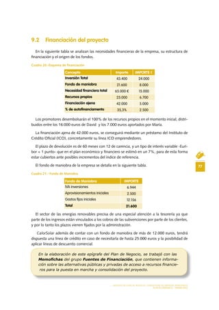 77
MODELO DE PLAN DE NEGOCIO: CONSULTORA DE ENERGÍAS RENOVABLES
PLAN ECONÓMICO - FINANCIERO
9 .2 Financiación del proyecto
En la siguiente tabla se analizan las necesidades financieras de la empresa, su estructura de
financiación y el origen de los fondos.
Cuadro 20.-Esquema de financiación
Los promotores desembolsarán el 100% de los recursos propios en el momento inicial, distri-
buidos entre los 16.000 euros de David y los 7.000 euros aportados por María.
La financiación ajena de 42.000 euros, se conseguirá mediante un préstamo del Instituto de
Crédito Oficial (ICO), concretamente su línea ICO emprendedores.
El plazo de devolución es de 60 meses con 12 de carencia, y un tipo de interés variable -Eurí-
bor + 1 punto- que en el plan económico y financiero se estimó en un 7%, para de esta forma
estar cubiertos ante posibles incrementos del índice de referencia.
El fondo de maniobra de la empresa se detalla en la siguiente tabla.
Cuadro 21.- Fondo de Maniobra
El sector de las energías renovables precisa de una especial atención a la tesorería ya que
parte de los ingresos están vinculados a los cobros de las subvenciones por parte de los clientes,
y por lo tanto los plazos vienen fijados por la administración.
CalorSolar además de contar con un fondo de maniobra de más de 12.000 euros, tendrá
dispuesta una línea de crédito en caso de necesitarla de hasta 25.000 euros y la posibilidad de
aplicar líneas de descuento comercial.
Concepto Importe IMPORTE €
Inversión Total 43.400 24.000
Fondo de maniobra 21.600 8.000
Necesidad financiera total 65.000 € 15.000
Recursos propios 23.000 6.700
Financiación ajena 42.000 5.000
% de autofinanciamento 35,3% 2.500
Fondo de Maniobra IMPORTE
IVA inversiones 6.944
Aprovisionamientos iniciales 2.500
Gastos fijos iniciales 12.156
Total 21 .600
En la elaboración de este epígrafe del Plan de Negocio, se trabajó con las
Memoﬁchas del grupo Fuentes de Financiación, que contienen informa-
ción sobre las alternativas públicas y privadas de acceso a recursos ﬁnancie-
ros para la puesta en marcha y consolidación del proyecto.
 