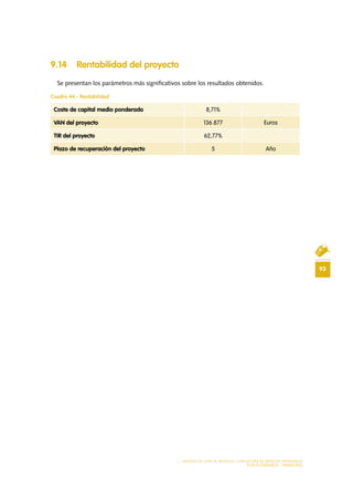 93
MODELO DE PLAN DE NEGOCIO: CONSULTORA DE ENERGÍAS RENOVABLES
PLAN ECONÓMICO - FINANCIERO
9.14 Rentabilidad del proyecto
Se presentan los parámetros más significativos sobre los resultados obtenidos.
Cuadro 44.- Rentabilidad
Coste de capital medio ponderado 8,71%
VAN del proyecto 136.877 Euros
TIR del proyecto 62,77%
Plazo de recuperación del proyecto 5 Año
 