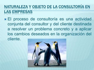 NATURALEZA Y OBJETO DE LA CONSULTORÍA EN
LAS EMPRESAS
 El proceso de consultoría es una actividad
conjunta del consultor y del cliente destinada
a resolver un problema concreto y a aplicar
los cambios deseados en la organización del
cliente.
 