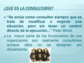 ¿QUÉ ES LA CONSULTORÍA?
 “Se actúa como consultor siempre que se
trata de modificar o mejorar una
situación, pero sin tener un control
directo de la ejecución...” Peter Block.
 La mayor parte de los funcionarios de una
organización son realmente consultores
aunque ellos no se designen así
oficialmente.
 