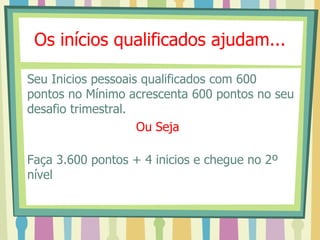 Os inícios qualificados ajudam...
Seu Inicios pessoais qualificados com 600
pontos no Mínimo acrescenta 600 pontos no seu
desafio trimestral.
Ou Seja
Faça 3.600 pontos + 4 inicios e chegue no 2º
nível
 