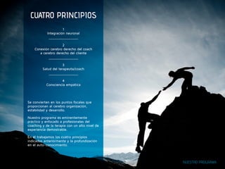 NUESTRO PROGRAMA 
CUATRO PRINCIPIOS 
1 
Integración neuronal 
2 
Conexión cerebro derecho del coach 
a cerebro derecho del cliente 
3 
Salud del terapeuta/coach 
4 
Consciencia empática 
Se convierten en los puntos focales que 
proporcionan al cerebro organización, 
estabilidad y desarrollo. 
Nuestro programa es eminentemente 
práctico y enfocado a profesionales del 
coaching y de la terapia con un alto nivel de 
experiencia demostrable. 
En él trabajamos los cuatro principios 
indicados anteriormente y la profundización 
en el auto-conocimiento. 
 