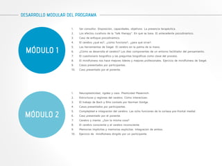 DESARROLLO MODULAR DEL PROGRAMA 
MÓDULO 1 
1. Ser consultor. Disposición, capacidades, objetivos. La presencia terapéutica. 
2. Los efectos curativos de la “talk therapy”. En qué se basa. El antecedente psicodinámico. 
3. Caso de enfoque psicodinámico. 
4. El cerebro ¿qué es?; ¿cómo funciona?; ¿para qué sirve?. 
5. Las herramientas de Siegel. El cerebro en la palma de la mano. 
6. ¿Cómo se desarrolla el cerebro? Los diez componentes de un entorno facilitador del pensamiento. 
7. El cuestionario biográfico y las preguntas biográficas como clave del proceso. 
8. El mindfulness nos hace mejores líderes y mejores profesionales. Ejercicio de mindfulness de Siegel. 
9. Casos presentados por participantes. 
10. Caso presentado por el ponente. 
MÓDULO 2 
1. Neuroplasticidad, rigidez y caos. Plasticidad Mezernich. 
2. Estructuras y regiones del cerebro. Cómo interactúan. 
3. El trabajo de Bach y Rita contado por Norman Doidge. 
4. Casos presentados por participantes. 
5. Complejidad e integración del cerebro. Las ocho funciones de la corteza pre-frontal medial. 
6. Caso presentado por el ponente. 
7. Cerebro y mente. ¿Son la misma cosa? 
8. El cerebro consciente y el cerebro inconsciente. 
9. Memorias implícitas y memorias explícitas. Integración de ambos. 
10. Ejercicio de mindfulness dirigido por un participante. 
 