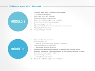 DESARROLLO MODULAR DEL PROGRAMA 
MÓDULO 5 
1. Procesos de apego adultos y tempranos. Estilos de apego. 
2. La entrevista del apego adulto. 
3. Dolor. El lado oscuro de la plasticidad. 
4. Casos presentados por los participantes. 
5. Ejercicio de mindfulness dirigido por un participante. 
6. Convertir nuestros fantasmas en antepasados. 
7. Caso presentado por el ponente. 
8. Rejuvenecimiento. El descubrimiento de las células neuronales madre. 
9. Plasticidad y la idea de progreso. 
10. Caso presentado por el ponente. 
MÓDULO 6 
1 Buscar el sentido de nuestras vidas. 
2 Nuestros múltiples “yo”. 
3 La imagen de la comunidad interior. Vigilantes y protectores. 
4 Casos presentados por los participantes. 
5 La mutualidad de la relación terapéutica. 
6 Integración de la neurobiología interpersonal con la terapia de la comunidad interior. 
7 Mindfulness intersubjetiva. Mindfulnes facilitadora del niño abusado o descuidado por medio 
del mindfulness entre terapeuta y padre. 
8 Caso presentado por el ponente. 
9 La crianza basada en el cerebro. 
10 Ejercicio de mindfulness dirigido por un participante. 
 