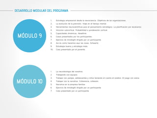 DESARROLLO MODULAR DEL PROGRAMA 
MÓDULO 9 
1. Estrategia empresarial desde la neurociencia. Objetivos de las organizaciones. 
2. La evolución de la previsión. Viaje en el tiempo mental. 
3. Herramientas neurocientíficas para el pensamiento estratégico. La planificación por escenarios. 
4. Intuición subcortical. Probabilidad o ponderación cortical. 
5. Capacidades dinámicas. Heseltine. 
6. Casos presentados por los participantes. 
7. Ejercicio de mindsight dirigido por un participante. 
8. Así es como hacemos aquí las cosas. Schwartz. 
9. Estrategia buena y estrategia mala. 
10. Caso presentado por el ponente. 
MÓDULO 10 
1. La neurobiología del nosotros 
2 Trabajando con equipos 
3. Trabajar con parejas, adolescentes y niños teniendo el cuenta el cerebro. El juego con arena. 
4. Trabajar con la narrativa. Coherencia, cohesión. 
5. Narrativa en la empresa familiar 
6 Ejercicio de mindsight dirigido por un participante 
7. Caso presentado por un participante 
 