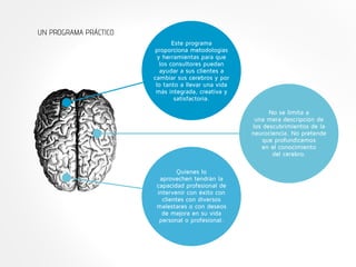 UN PROGRAMA PRÁCTICO 
Este programa 
proporciona metodologías 
y herramientas para que 
los consultores puedan 
ayudar a sus clientes a 
cambiar sus cerebros y por 
lo tanto a llevar una vida 
más integrada, creativa y 
satisfactoria. 
Quienes lo 
aprovechen tendrán la 
capacidad profesional de 
intervenir con éxito con 
clientes con diversos 
malestares o con deseos 
de mejora en su vida 
personal o profesional. 
No se limita a 
una mera descripción de 
los descubrimientos de la 
neurociencia. No pretende 
que profundicemos 
en el conocimiento 
del cerebro. 
 