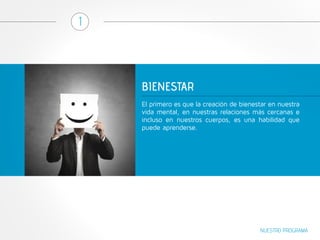 BIENESTAR 
NUESTRO PROGRAMA 
1 
El primero es que la creación de bienestar en nuestra 
vida mental, en nuestras relaciones más cercanas e 
incluso en nuestros cuerpos, es una habilidad que 
puede aprenderse. 
 
