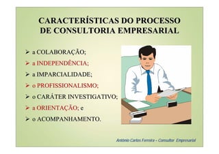 CARACTERÍSTICAS DO PROCESSO
 DE CONSULTORIA EMPRESARIAL

a COLABORAÇÃO;
a INDEPENDÊNCIA;
a IMPARCIALIDADE;
o PROFISSIONALISMO;
o CARÁTER INVESTIGATIVO;
a ORIENTAÇÃO; e
o ACOMPANHAMENTO.


                       Antônio Carlos Ferreira – Consultor Empresarial
 