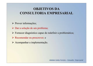 OBJETIVOS DA
    CONSULTORIA EMPRESARIAL

Prover informações;
Dar a solução de um problema;
Fornecer diagnóstico capaz de redefinir a problemática;
Recomendar ou prescrever; e
Acompanhar a implementação.




                                Antônio Carlos Ferreira – Consultor Empresarial
 