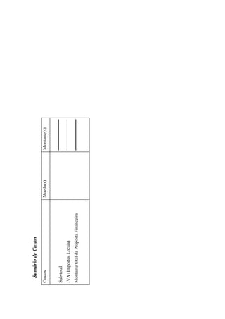Sumário de Custos
Custos                                  Moeda(s)   Montante(s)


Sub-total
IVA (Impostos Locais)
Montante total da Proposta Financeira
 