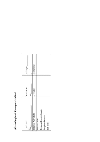 Discriminação do Preço por Actividade



Actividade                      Actividade     Descrição:__________
No:_____________________        No__________   _
Preço da Actividade             Moeda(s)       Montante(s)
Remuneração
Despesas Reembolsáveis
Despesas Diversas
Sub-total
 