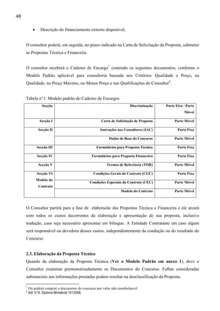 48


           •     Descrição do financiamento externo disponível,


     O consultor poderá, em seguida, no prazo indicado na Carta de Solicitação da Proposta, submeter
     as Propostas Técnica e Financeira.


     O consultor receberá o Caderno de Encargo7 contendo os seguintes documentos, conforme o
     Modelo Padrão aplicável para consultoria baseada nos Critérios: Qualidade e Preço, na
     Qualidade, no Preço Máximo, no Menor Preço e nas Qualificações do Consultor8.


     Tabela n°1: Modelo padrão do Caderno de Encargos
                  Secção                                                Discriminação    Parte Fixa / Parte
                                                                                                    Móvel

                 Secção I                             Carta de Solicitação de Proposta        Parte Móvel

                Secção II                            Instruções aos Consultores (IAC)           Parte Fixa

                                                           Dados de Base do Concurso          Parte Móvel

               Secção III                          Formulários para Proposta Técnica            Parte Fixa

               Secção IV                        Formulários para Proposta Financeira            Parte Fixa

                Secção V                                 Termos de Referência (TOR)           Parte Móvel

               Secção VI                         Condições Gerais do Contrato (CGC)             Parte Fixa
               Modelo do
                                               Condições Especiais do Contrato (CEC)          Parte Móvel
                Contrato
                                                                  Modelo do Contrato          Parte Móvel



     O Consultor partirá para a fase de elaboracão das Propostas Técnica e Financeira e ele arcará
     com todos os custos decorrentes da elaboração e apresentação de sua proposta, inclusive
     tradução, caso seja necessário apresentar em bilingue. A Entidade Contratante em caso algum
     será responsável ou devedora desses custos, independentemente da condução ou do resultado do
     Concurso


     2.3. Elaboração da Proposta Técnica
     Quando da elaboração da Proposta Técnica (Ver o Modelo Padrão em anexo 1), deve o
     Consultor examinar pormenorizadamente os Documentos do Concurso. Falhas consideradas
     substanciais nas informações prestadas podem resultar na desclassificação da Proposta.

     7
         Ou poderá comprar o documento do concurso por valor não reembolsavel
     8
         BR N°8, Diploma Ministerial 151/2006.
 