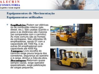Equipamentos de Movimentação
Equipamentos utilizados
 Empilhadeira: Podem ser elétricas
ou de combustão interna (gás,
diesel, etc.). São usadas quando o
peso e as distâncias são maiores
(se comparadas com o carrinho)
As mais comuns são as frontais
de contrapeso. São utilizadas 05
empilhadeiras, sendo 01 com a
capacidade até 7000 Kg, e as
outras 04 empilhadeiras com
capacidade até 4000 Kg.
Vantagens: Livre escolha do
caminho exige pouca largura dos
corredores, segurança ao operário
e à carga, diminui a mão-de-obra.
Desvantagens: Retornam quase
sempre vazias, exige operador
especializado, exige paletização
de cargas pequenas.
 