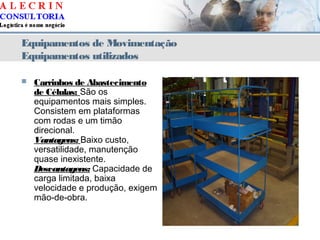 Equipamentos de Movimentação
Equipamentos utilizados
 Carrinhos de Abastecimento
de Células: São os
equipamentos mais simples.
Consistem em plataformas
com rodas e um timão
direcional.
Vantagens: Baixo custo,
versatilidade, manutenção
quase inexistente.
Desvantagens: Capacidade de
carga limitada, baixa
velocidade e produção, exigem
mão-de-obra.
 