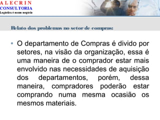 Relato dos problemas no setorde compras:
• O departamento de Compras é divido por
setores, na visão da organização, essa é
uma maneira de o comprador estar mais
envolvido nas necessidades de aquisição
dos departamentos, porém, dessa
maneira, compradores poderão estar
comprando numa mesma ocasião os
mesmos materiais.
 