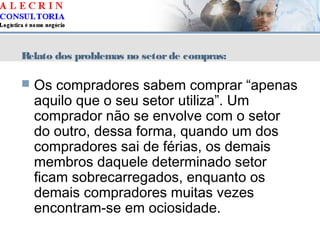 Relato dos problemas no setorde compras:
 Os compradores sabem comprar “apenas
aquilo que o seu setor utiliza”. Um
comprador não se envolve com o setor
do outro, dessa forma, quando um dos
compradores sai de férias, os demais
membros daquele determinado setor
ficam sobrecarregados, enquanto os
demais compradores muitas vezes
encontram-se em ociosidade.
 