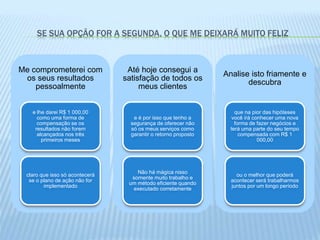 SE SUA OPÇÃO FOR A SEGUNDA, O QUE ME DEIXARÁ MUITO FELIZ
Me comprometerei com
os seus resultados
pessoalmente
e lhe darei R$ 1 000,00
como uma forma de
compensação se os
resultados não forem
alcançados nos três
primeiros meses
claro que isso só acontecerá
se o plano de ação não for
implementado
Até hoje consegui a
satisfação de todos os
meus clientes
e é por isso que tenho a
segurança de oferecer não
só os meus serviços como
garantir o retorno proposto
Não há mágica nisso
somente muito trabalho e
um método eficiente quando
executado corretamente
Analise isto friamente e
descubra
que na pior das hipóteses
você irá conhecer uma nova
forma de fazer negócios e
terá uma parte do seu tempo
compensada com R$ 1
000,00
ou o melhor que poderá
acontecer será trabalharmos
juntos por um longo período
 