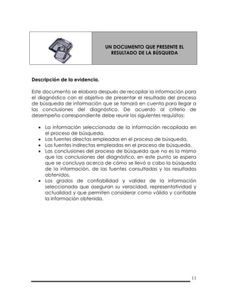 11
UN DOCUMENTO QUE PRESENTE EL
RESULTADO DE LA BÚSQUEDA
Descripción de la evidencia.
Este documento se elabora después de recopilar la información para
el diagnóstico con el objetivo de presentar el resultado del proceso
de búsqueda de información que se tomará en cuenta para llegar a
las conclusiones del diagnóstico. De acuerdo al criterio de
desempeño correspondiente debe reunir los siguientes requisitos:
 La información seleccionada de la información recopilada en
el proceso de búsqueda.
 Las fuentes directas empleadas en el proceso de búsqueda.
 Las fuentes indirectas empleadas en el proceso de búsqueda.
 Las conclusiones del proceso de búsqueda que no es lo mismo
que las conclusiones del diagnóstico, en este punto se espera
que se concluya acerca de cómo se llevó a cabo la búsqueda
de la información, de las fuentes consultadas y los resultados
obtenidos.
 Los grados de confiabilidad y validez de la información
seleccionada que aseguran su veracidad, representatividad y
actualidad y que permiten considerar como válida y confiable
la información obtenida.
 