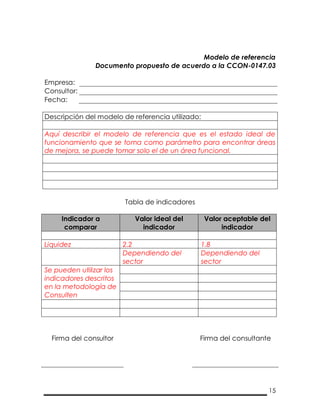 15
Modelo de referencia
Documento propuesto de acuerdo a la CCON-0147.03
Empresa:
Consultor:
Fecha:
Descripción del modelo de referencia utilizado:
Aquí describir el modelo de referencia que es el estado ideal de
funcionamiento que se toma como parámetro para encontrar áreas
de mejora, se puede tomar solo el de un área funcional.
Tabla de indicadores
Indicador a
comparar
Valor ideal del
indicador
Valor aceptable del
indicador
Liquidez 2.2 1.8
Dependiendo del
sector
Dependiendo del
sector
Se pueden utilizar los
indicadores descritos
en la metodología de
Consulten
Firma del consultor Firma del consultante
 