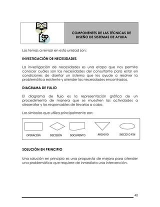 40
COMPONENTES DE LAS TÉCNICAS DE
DISEÑO DE SISTEMAS DE AYUDA
Los temas a revisar en esta unidad son:
INVESTIGACIÓN DE NECESIDADES
La investigación de necesidades es una etapa que nos permite
conocer cuáles son las necesidades del consultante para estar en
condiciones de diseñar un sistema que les ayude a resolver la
problemática existente y atender las necesidades encontradas.
DIAGRAMA DE FLUJO
El diagrama de flujo es la representación gráfica de un
procedimiento de manera que se muestren las actividades a
desarrollar y los responsables de llevarlas a cabo.
Los símbolos que utiliza principalmente son:
SOLUCIÓN EN PRINCIPIO
Una solución en principio es una propuesta de mejora para atender
una problemática que requiere de inmediato una intervención.
DOCUMENTO ARCHIVO INICIO O FINOPERACIÓN DECISIÓN
 