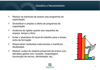 Reduzir as barreiras de acesso aos programas de
capacitação
Diversificar e ampliar a oferta de programas de
capacitação
Ausência de rigidez quanto aos requisitos de
espaço, tempo e ritmo
Evitar o abandono do local de trabalho para o tempo
extra de formação
Desenvolver conteúdos instrucionais e mantê-los
atualizados
Reduzir custos do sistema presencial de ensino com
elevados gastos com: locação, hospedagem,
locomoção de alunos, alimentação, etc..
5
Desafios e Necessidades
 