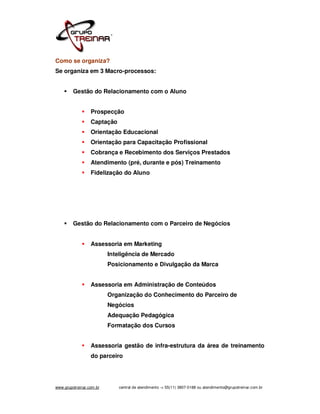 Como se organiza?
Se organiza em 3 Macro-processos:


         Gestão do Relacionamento com o Aluno


                  Prospecção
                  Captação
                  Orientação Educacional
                  Orientação para Capacitação Profissional
                  Cobrança e Recebimento dos Serviços Prestados
                  Atendimento (pré, durante e pós) Treinamento
                  Fidelização do Aluno




         Gestão do Relacionamento com o Parceiro de Negócios


                  Assessoria em Marketing
                          Inteligência de Mercado
                          Posicionamento e Divulgação da Marca


                  Assessoria em Administração de Conteúdos
                          Organização do Conhecimento do Parceiro de
                          Negócios
                          Adequação Pedagógica
                          Formatação dos Cursos


                  Assessoria gestão de infra-estrutura da área de treinamento
                  do parceiro




www.grupotreinar.com.br      central de atendimento -> 55(11) 3807-0188 ou atendimento@grupotreinar.com.br
 