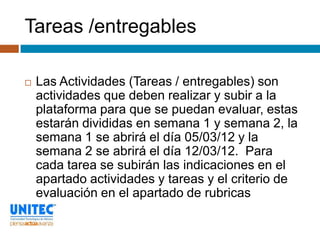 Tareas /entregables

   Las Actividades (Tareas / entregables) son
    actividades que deben realizar y subir a la
    plataforma para que se puedan evaluar, estas
    estarán divididas en semana 1 y semana 2, la
    semana 1 se abrirá el día 05/03/12 y la
    semana 2 se abrirá el día 12/03/12. Para
    cada tarea se subirán las indicaciones en el
    apartado actividades y tareas y el criterio de
    evaluación en el apartado de rubricas
 