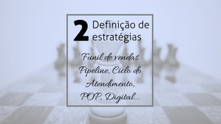 2Definição de
estratégias
Funil de vendas
Pipeline, Ciclo do
Atendimento,
POP, Digital...
 