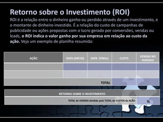 Retorno sobre o Investimento (ROI)
ROI é a relação entre o dinheiro ganho ou perdido através de um investimento, e
o monta...