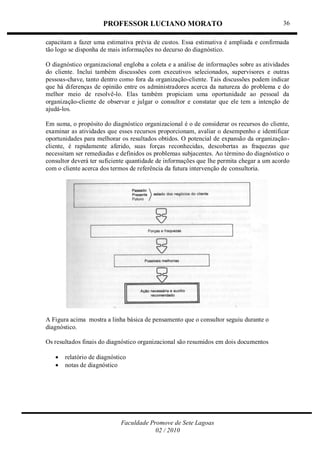 PROFESSOR LUCIANO MORATO
Faculdade Promove de Sete Lagoas
02 / 2010
36
capacitam a fazer uma estimativa prévia de custos. Essa estimativa é ampliada e confirmada
tão logo se disponha de mais informações no decurso do diagnóstico.
O diagnóstico organizacional engloba a coleta e a análise de informações sobre as atividades
do cliente. Inclui também discussões com executivos selecionados, supervisores e outras
pessoas-chave, tanto dentro como fora da organização-cliente. Tais discussões podem indicar
que há diferenças de opinião entre os administradores acerca da natureza do problema e do
melhor meio de resolvê-lo. Elas também propiciam uma oportunidade ao pessoal da
organização-cliente de observar e julgar o consultor e constatar que ele tem a intenção de
ajudá-los.
Em suma, o propósito do diagnóstico organizacional é o de considerar os recursos do cliente,
examinar as atividades que esses recursos proporcionam, avaliar o desempenho e identificar
oportunidades para melhorar os resultados obtidos. O potencial de expansão da organização-
cliente, é rapidamente aferido, suas forças reconhecidas, descobertas as fraquezas que
necessitam ser remediadas e definidos os problemas subjacentes. Ao término do diagnóstico o
consultor deverá ter suficiente quantidade de informações que lhe permita chegar a um acordo
com o cliente acerca dos termos de referência da futura intervenção de consultoria.
A Figura acima mostra a linha básica de pensamento que o consultor seguiu durante o
diagnóstico.
Os resultados finais do diagnóstico organizacional são resumidos em dois documentos
 relatório de diagnóstico
 notas de diagnóstico
 
