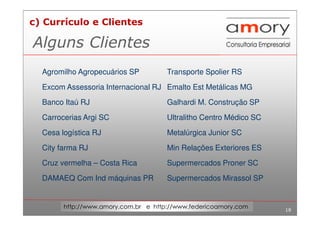 18
http://www.amory.com.br e http://www.federicoamory.com
Alguns Clientes
c) Currículo e Clientes
Agromilho Agropecuários SP Transporte Spolier RS
Excom Assessoria Internacional RJ Emalto Est Metálicas MG
Banco Itaú RJ Galhardi M. Construção SP
Carrocerias Argi SC Ultralitho Centro Médico SC
Cesa logística RJ Metalúrgica Junior SC
City farma RJ Min Relações Exteriores ES
Cruz vermelha – Costa Rica Supermercados Proner SC
DAMAEQ Com Ind máquinas PR Supermercados Mirassol SP
 