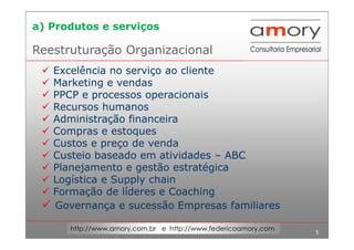 5
http://www.amory.com.br e http://www.federicoamory.com
Reestruturação Organizacional
Excelência no serviço ao cliente
Marketing e vendas
PPCP e processos operacionais
Recursos humanos
Administração financeira
Compras e estoques
Custos e preço de venda
Custeio baseado em atividades – ABC
Planejamento e gestão estratégica
Logística e Supply chain
Formação de líderes e Coaching
Governança e sucessão Empresas familiares
a) Produtos e serviços
 