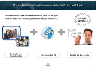 Consultores
Especialistas
Ferramentas TI Gestão da Operação
Serviços
Completos
“Aliamos Serviços de Consultoria em Vendas, com TI e o Capital
Humano dos nossos clientes, para ampliar os seus resultados.”
Nossos Trabalhos Consideram uma Visão Sistêmica de Solução
4
 