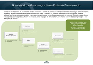 7
Novo Modelo de Governança e Novas Fontes de Financiamento
Com mais de Vinte anos de Atuação em Gestão Financeira e Gestão de Vendas, o trabalho contempla uma atuação internalizada nas
empresas, atuando diretamente na gestão da rotina das Áreas Financeira e Comercial. Permitindo com isto oferecer garantia
adicional aos Fomentadores de Liquidez e ao mesmo tempo renovar as condições de solvência da empresa. Desta forma atendemos
aos requisitos básicos juntos a players do mercado, para captação de dinheiro novo para manter a operação da empresa pré e pós
Recuperação Judicial.
Definição de diretrizes estratégicas Comerciais para a cada Produto, Canal
de Vendas, Região
Revisão do Plano Tático de Operação
Análise de Oportunidades
Plano de Ação
Definição Estratégica
Estruturação da Operação
Gestão e
Operação de Vendas
Definição de necessidades de Processos, de Sistemas de TI e equipes de
Vendas
Dimensionamento de investimentos
a. Fluxo de caixa;
b. Endividamento atualizado, vencido e a vencer;
c. Fluxo de caixa projetado.
Análise de Oportunidades de Melhorias
Plano de Melhorias
Situação Financeira
Gestão e
Operação Financeira
a. Lançamentos contábeis – situação;
b. Débitos fiscais.
Situação
Contábil
Acesso às Novas
Fontes de
Financiamento
Acesso às Novas
Fontes de
Financiamento
 
